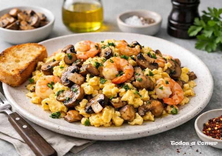 Revuelto de setas y gambas, fácil y delicioso
