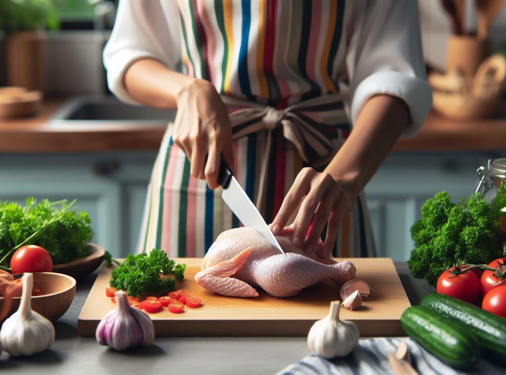 cocinero troceando un pollo entero