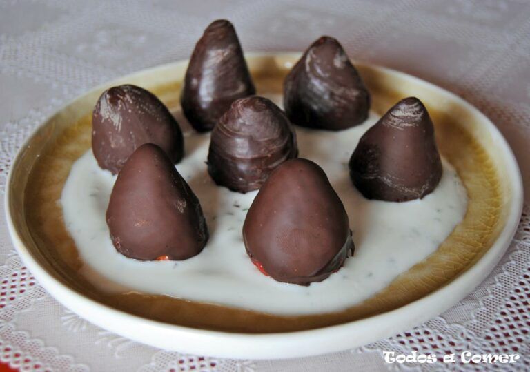 Receta fácil de fresas con chocolate y salsa de yogur y menta