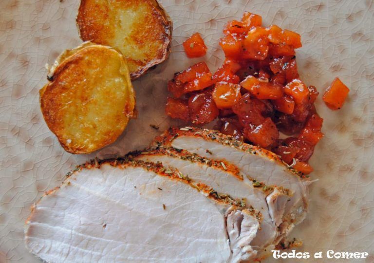 Receta fácil de lomo con patatas salteadas y membrillo